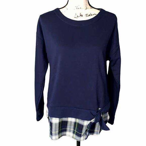 IZOD navy & plaid tie-front layer look sweatshirt Medium NWT - Picture 1 of 6